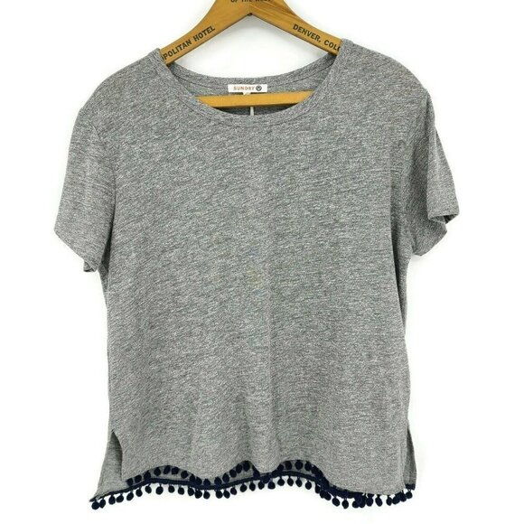 New Sundry Grey T-Shirt Womens 2/M Blue PomPom Trim Short Sleeve - Picture 2 of 5